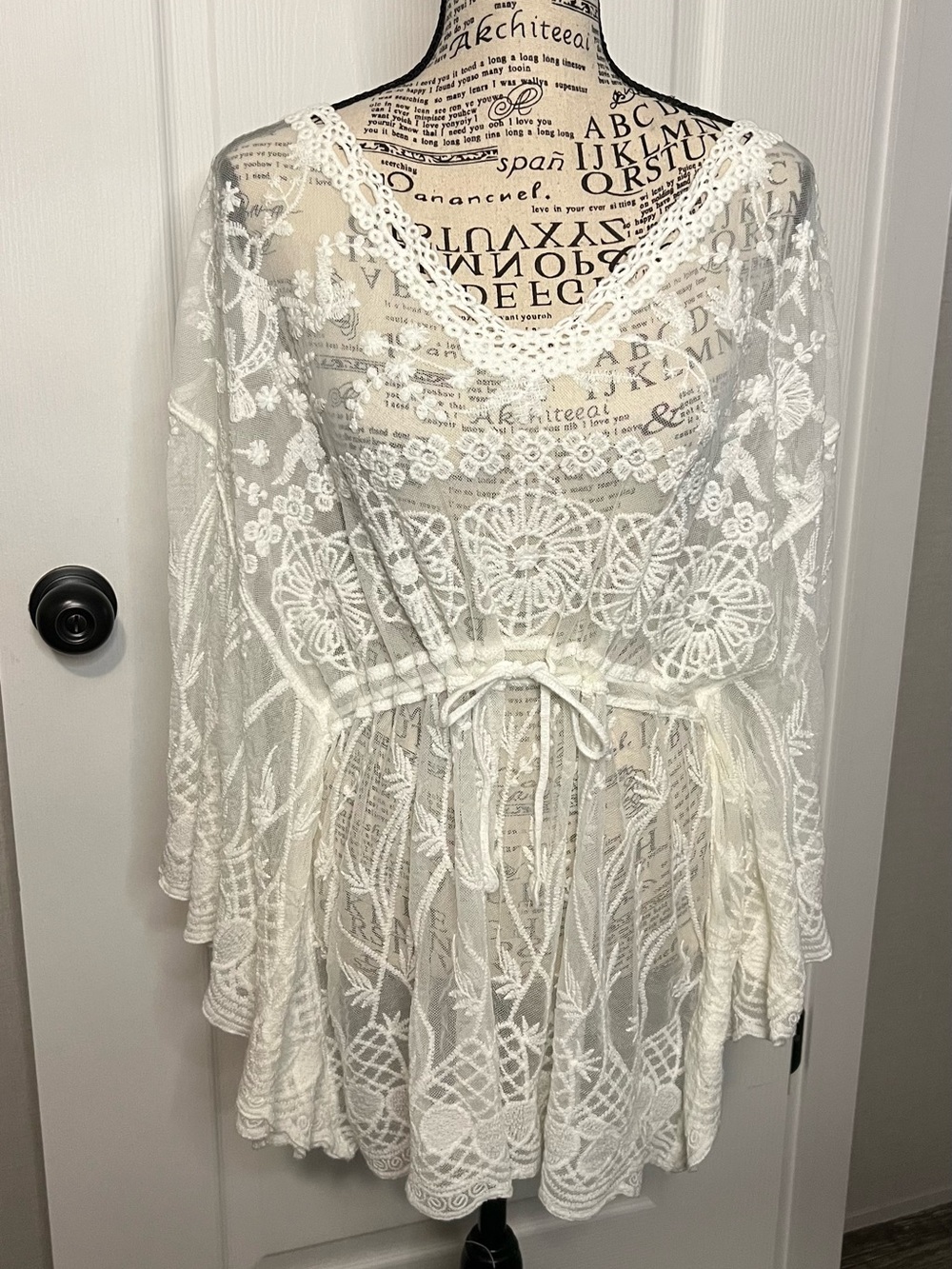 White Lace Embroidered Women's Blouse with Cinch Tie Waist